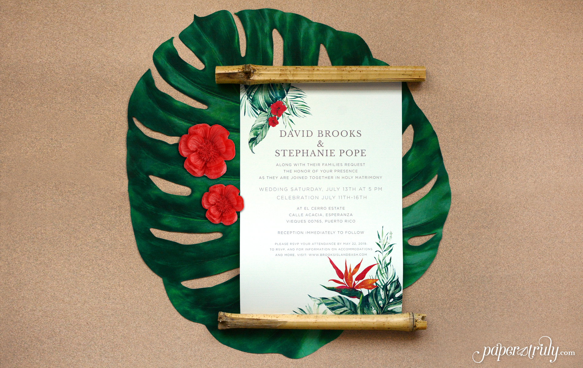Stephanie & David's Tropical Bamboo Scroll Wedding Invitation